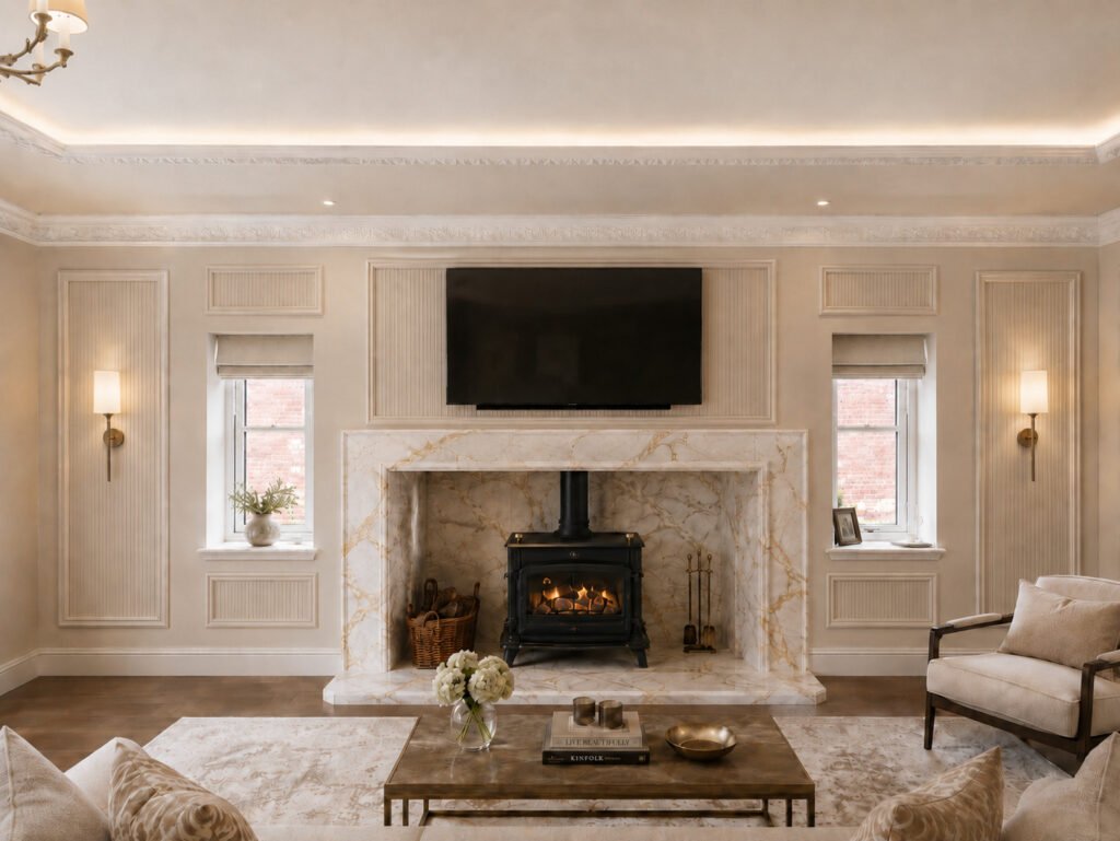 Symmetrical Luxury Living Room Fireplace